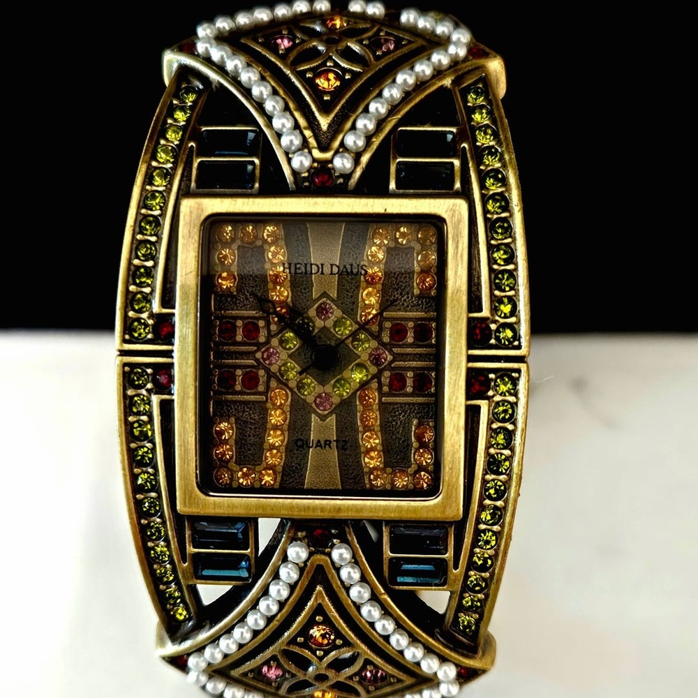 Heidi Daus B7819 Art Deco Style Crystal and Faux Pearl Cuff Watch